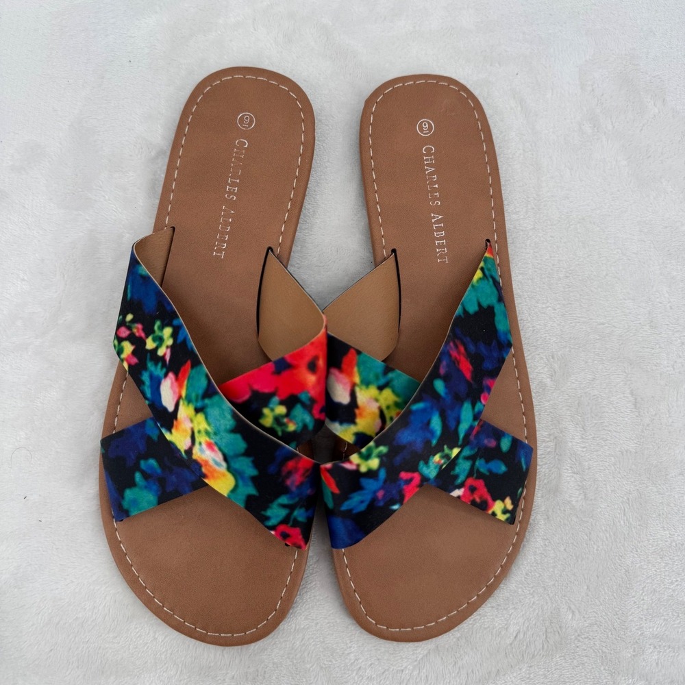 Charles Albert Floral Slide Sandals Womens Size 9 Multi Color Criss Cross Straps